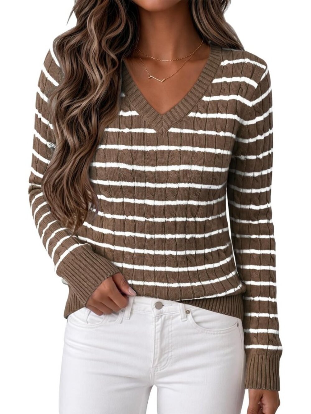 Cozy Cable Knit V-Neck Slim Fit Sweater for Women - Perfect Fall Layering Piece